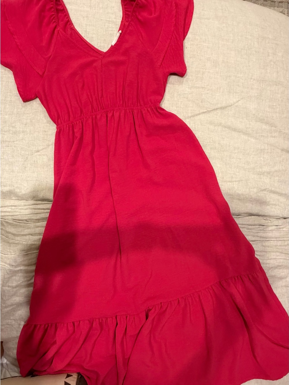 Reborn J Bold Red V-Neck Ruffle-Hem Maxi Dress